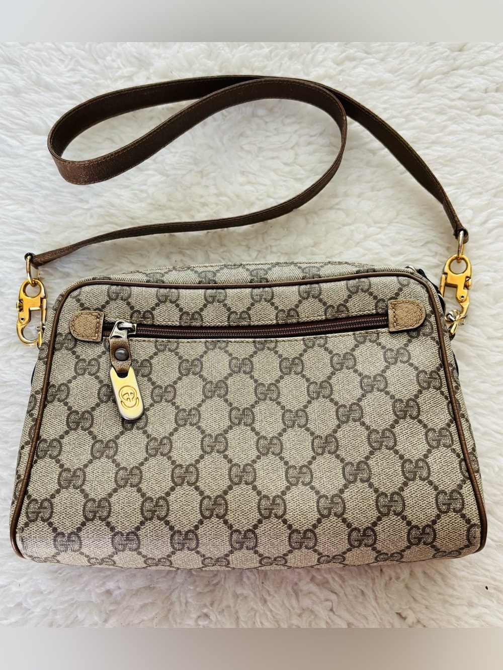 Gucci Vintage Sherry Line PVC GG Logo Brown/Beige Leather Small Shoulder Bag